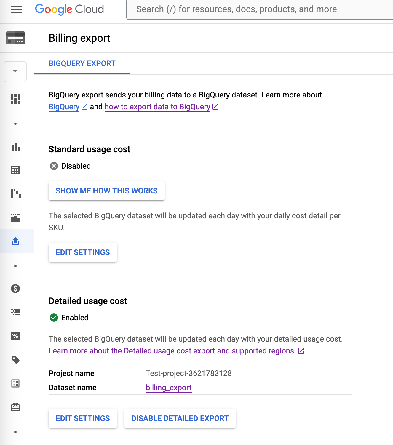 Billing export page showing configuration options