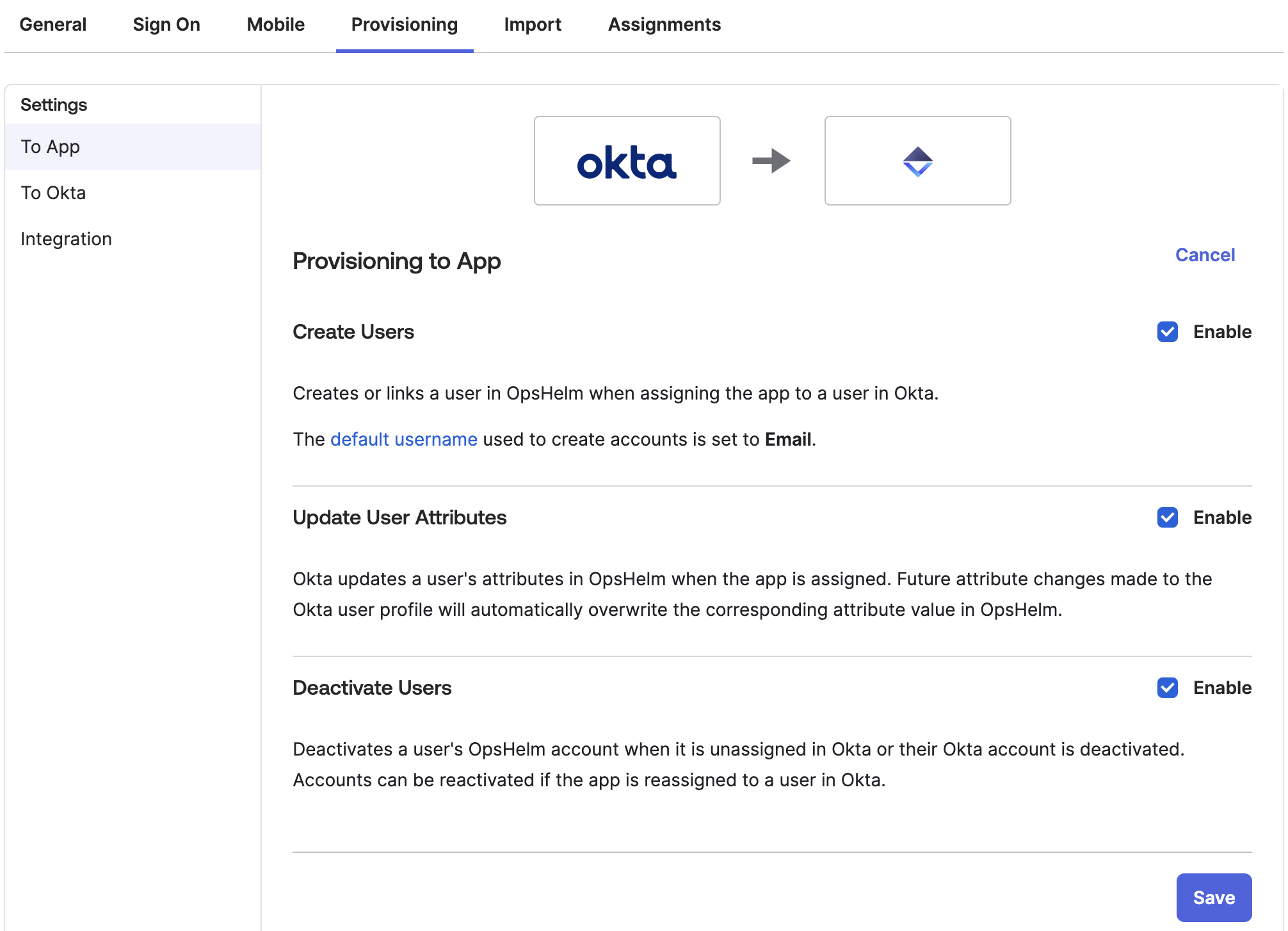 Okta Provisioning Settings Screenshot